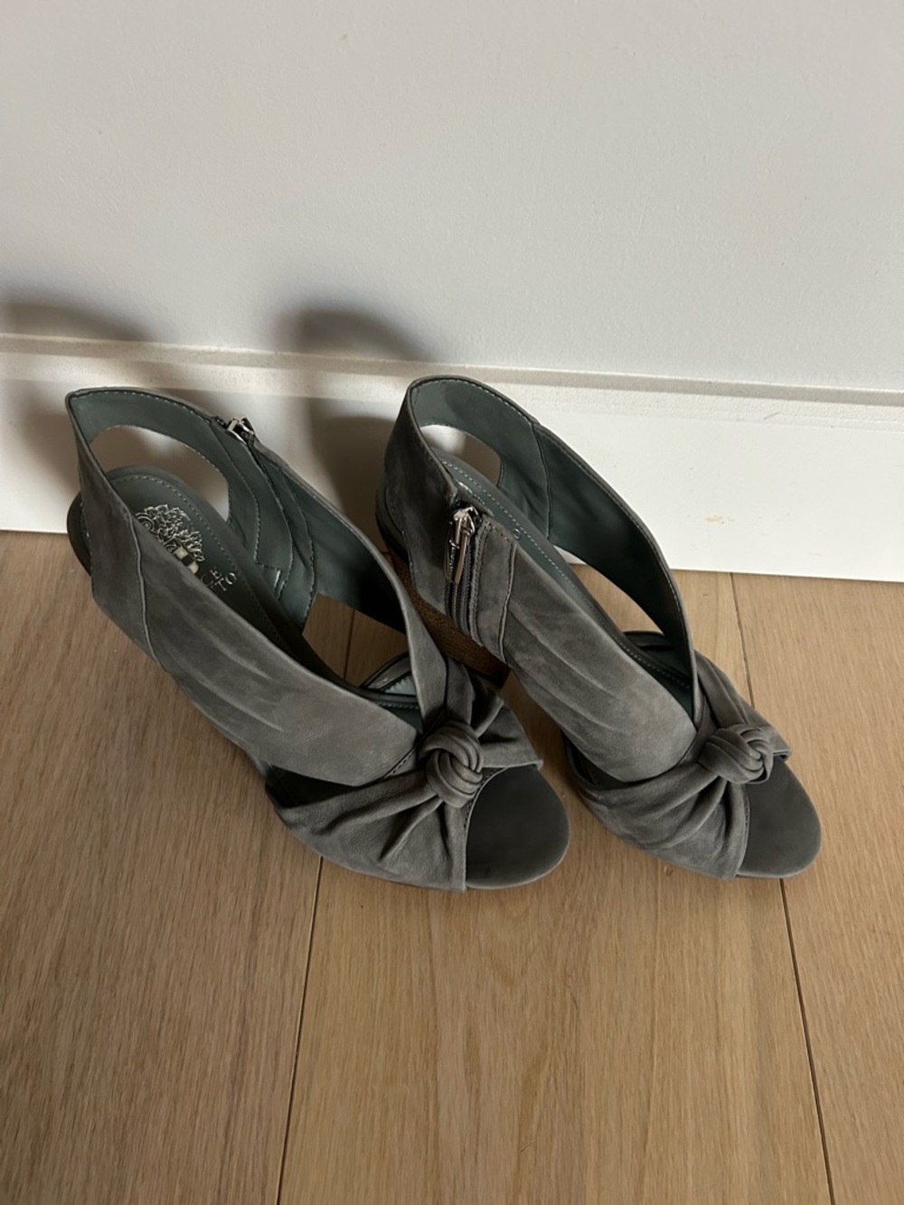 Vince Camuto Gray Suede Knot Peep-Toe Heels